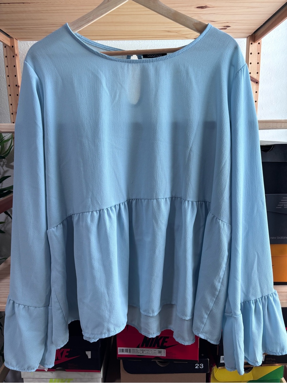 Boohoo Plus Light Blue Peplum Ruffle Hem Top